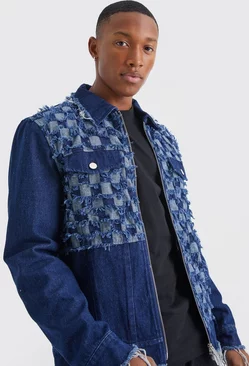 Checkerboard Spliced Denim Jacket Blue