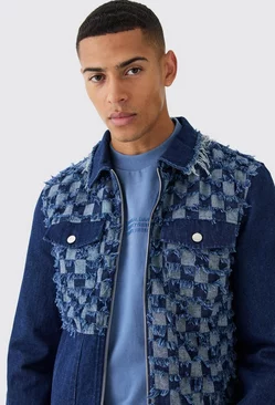Checkerboard Spliced Denim Jacket Dark blue