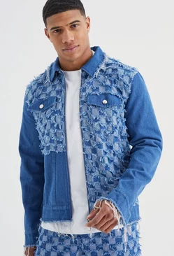 Checkerboard Spliced Denim Jacket Mid blue