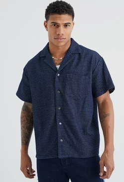 Blue Boxy Fit Fabric Interest Short Sleeve Shirt
