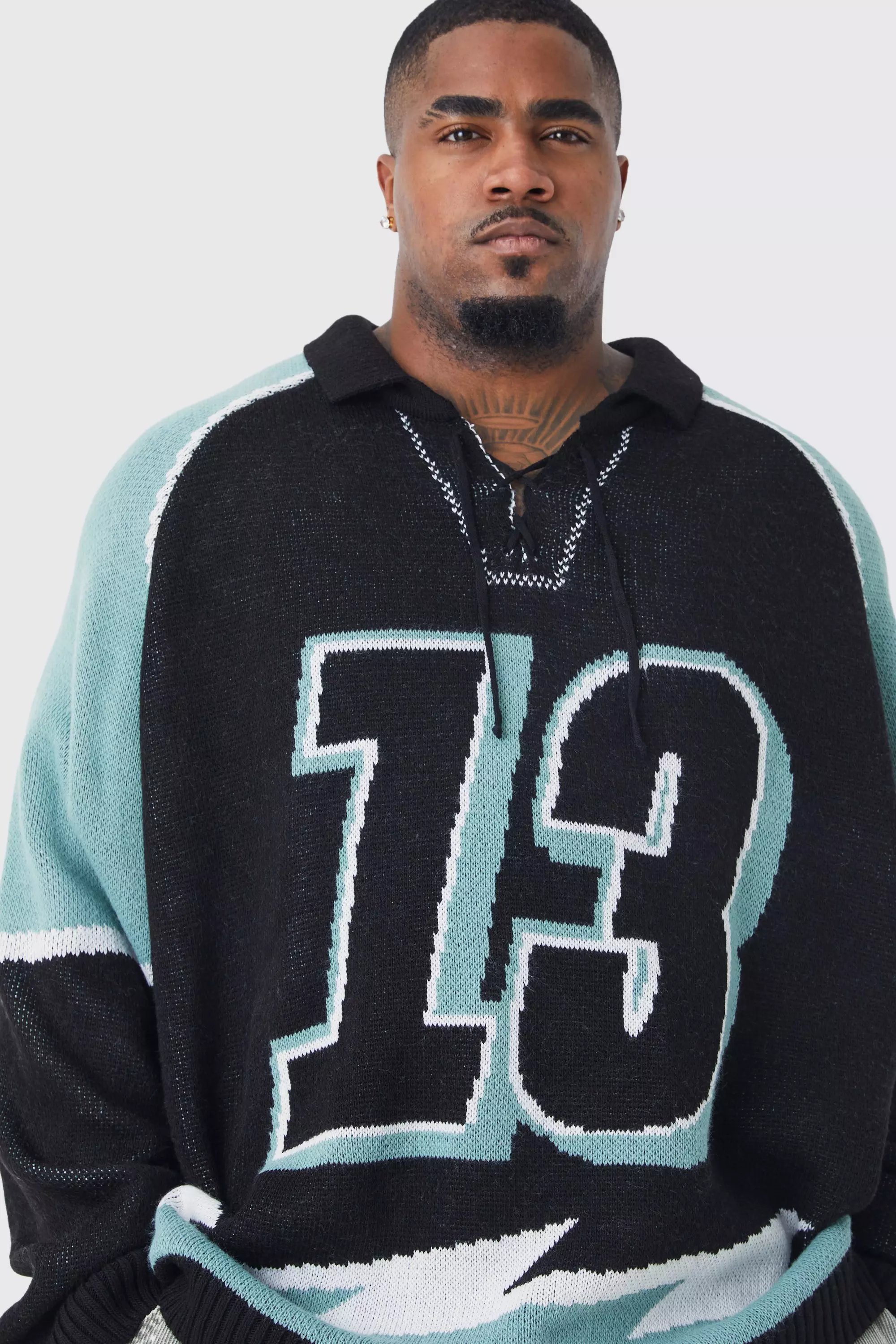 Plus Oversized Lace Up Hockey Sweater | boohooMAN USA