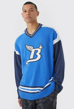 Tall Oversized Applique Football Knit Sweater Blue