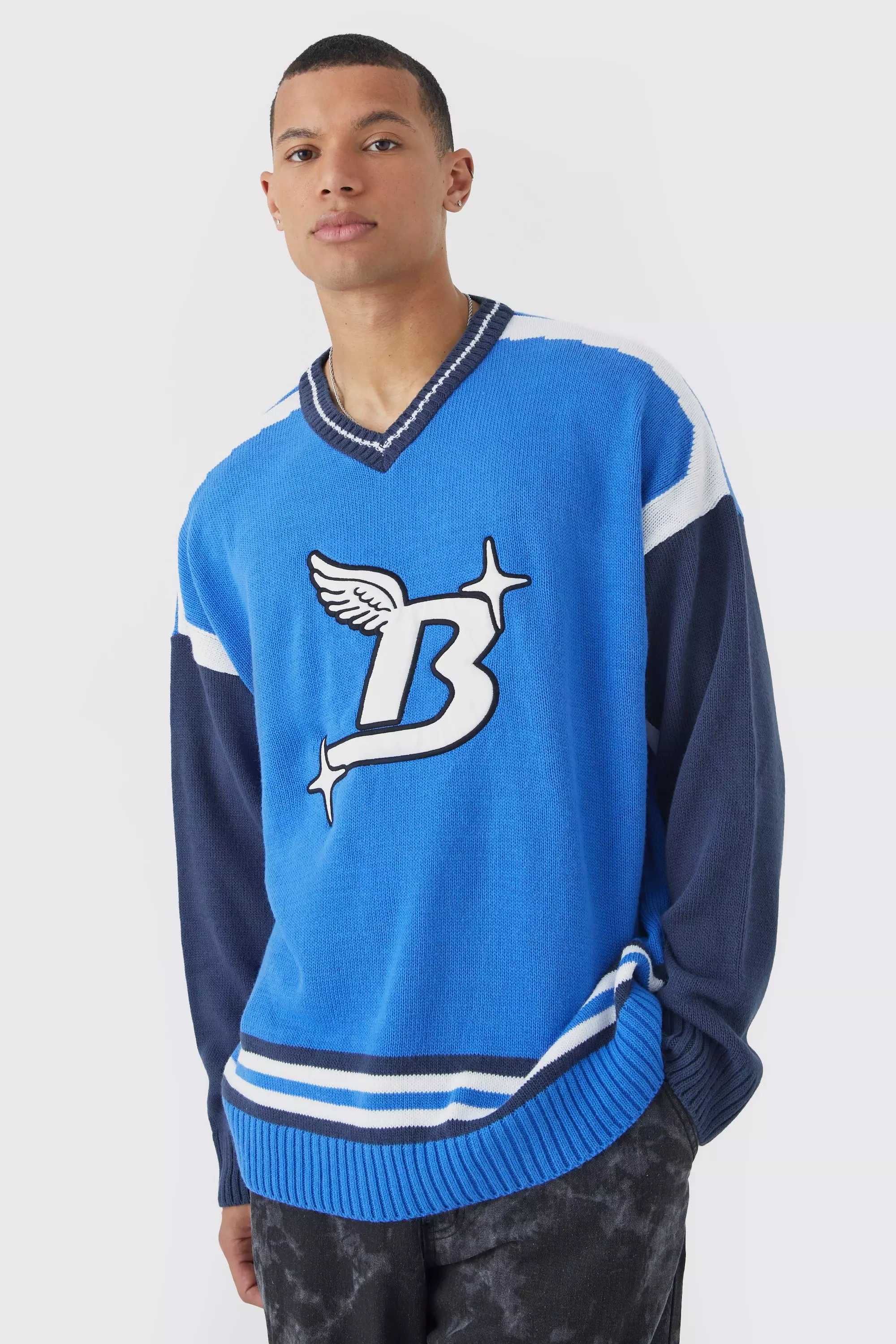 Blue Tall Oversized Applique Football Knit Sweater