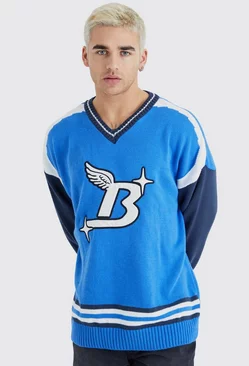 Blue Oversized Applique Football Knit Sweater