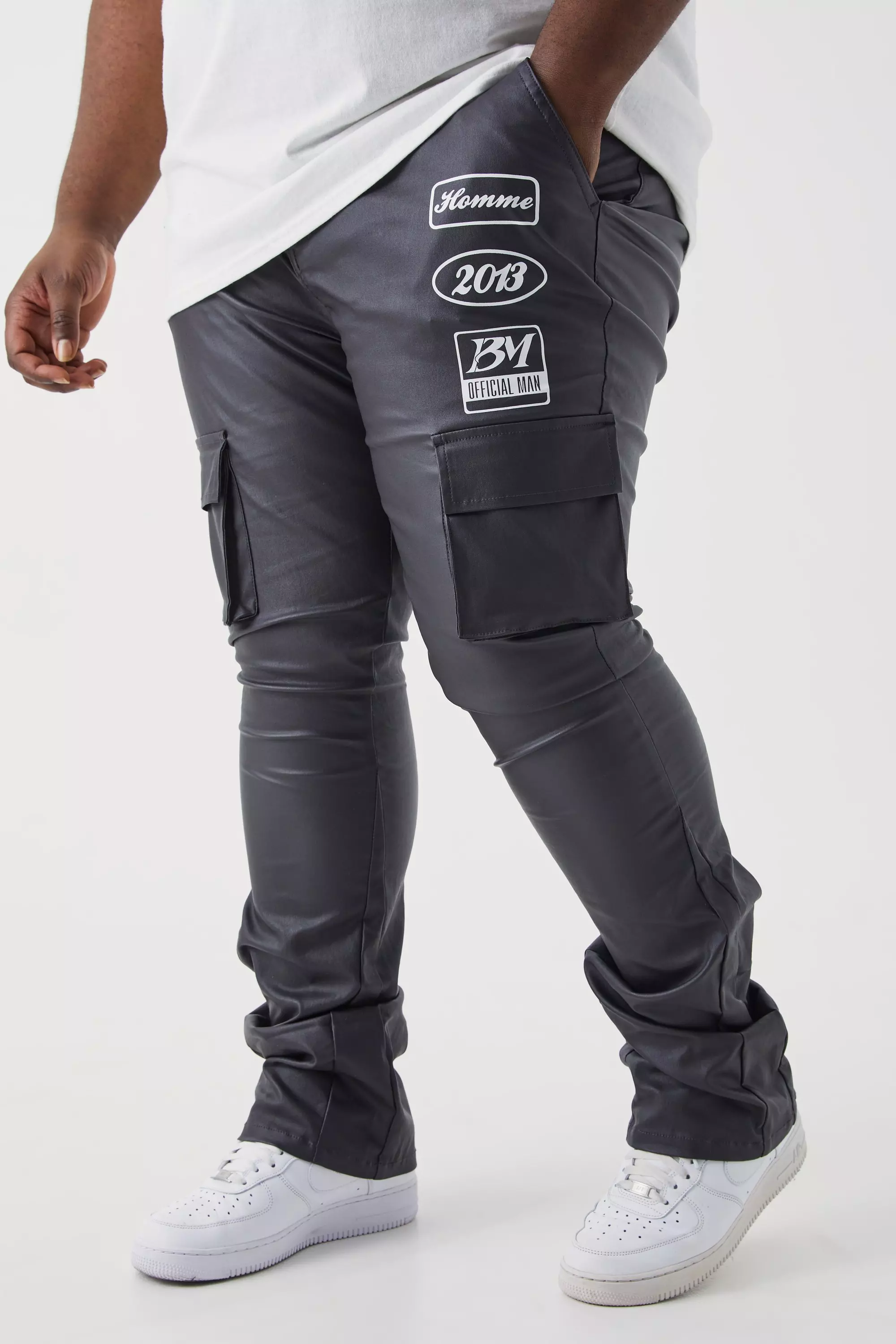 Charcoal Grey Plus Skinny Stacked Flare Coated Cargo Pants