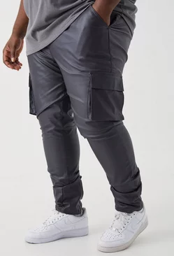 Charcoal Grey Plus Skinny Stacked Coated Twill Cargo Pants