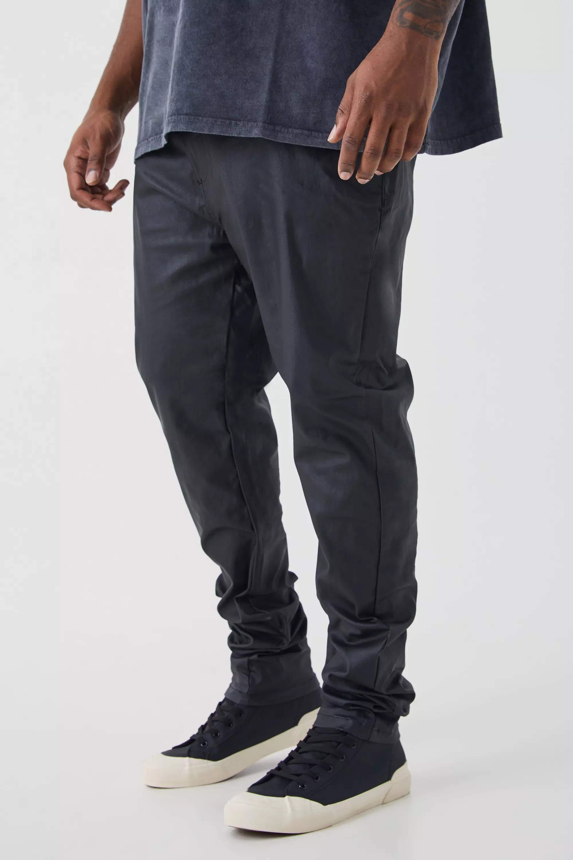 Black Plus Skinny Stacked Coated Twill Pants