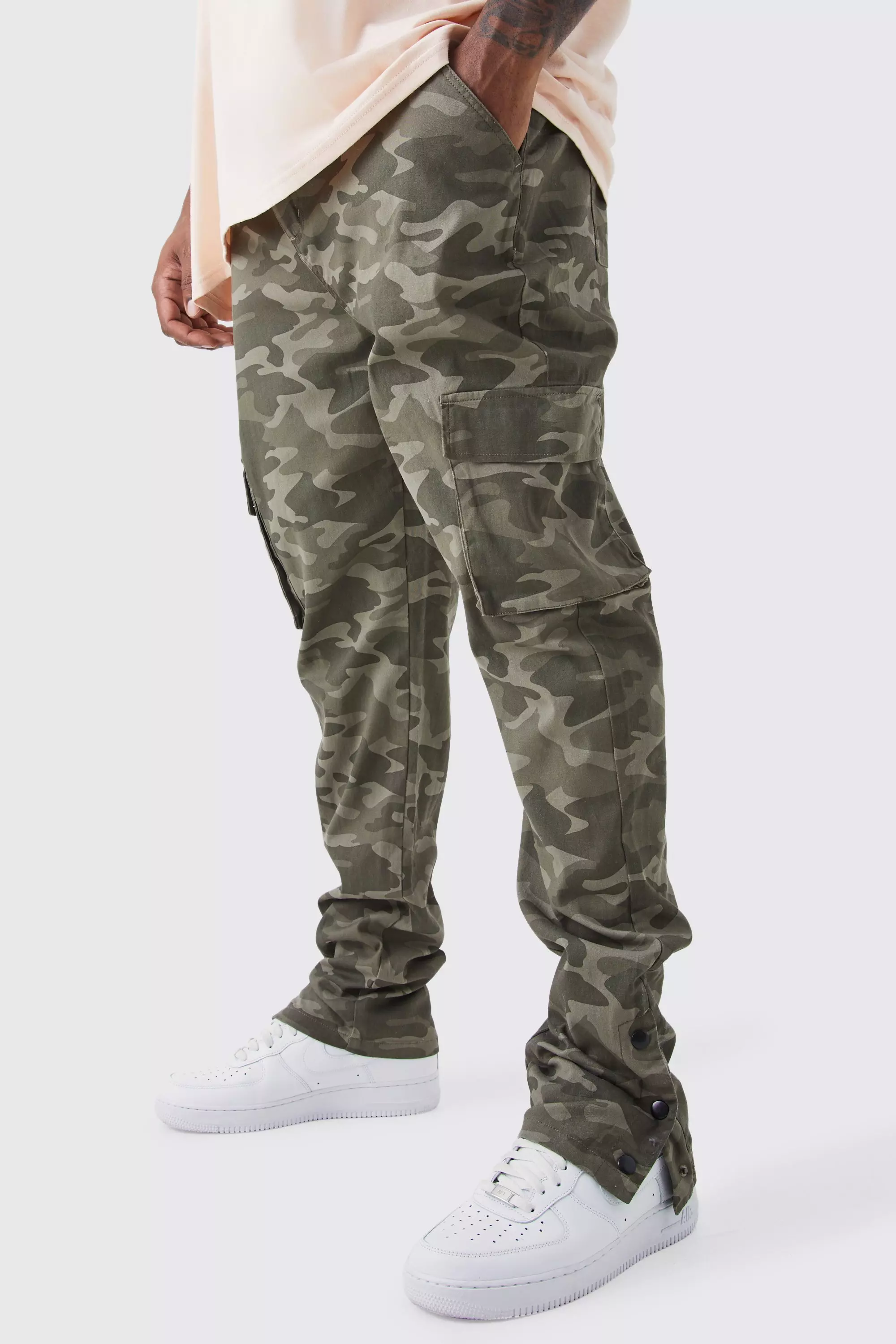 Plus Skinny Stacked Popper Hem Camo Cargo Pants Chocolate