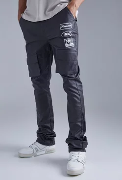 Charcoal Grey Tall Skinny Stacked Flare Coated Cargo Pants