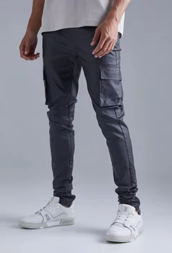 Charcoal Grey Tall Skinny Stacked Coated Twill Cargo Pants