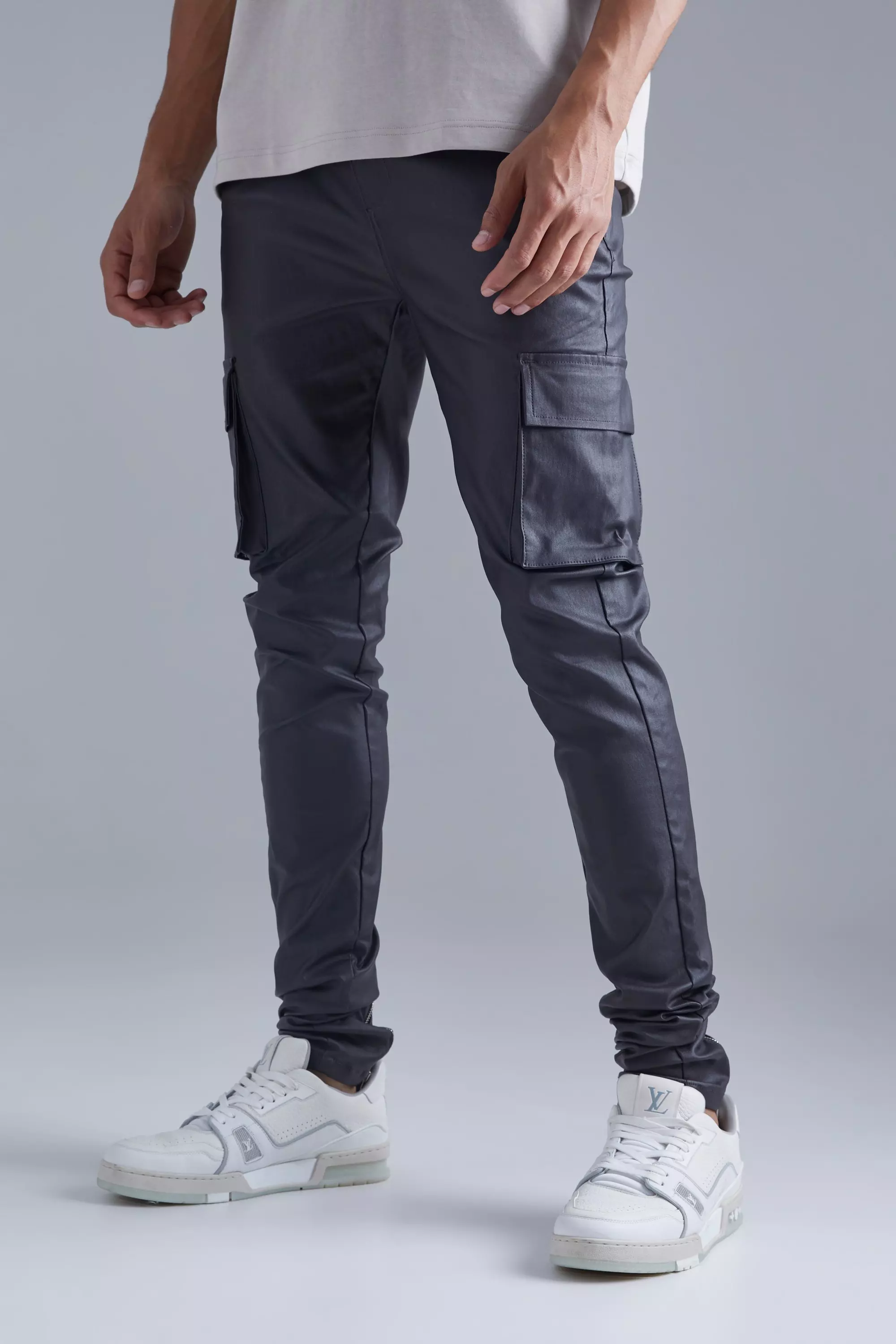Tall Skinny Stacked Coated Twill Cargo Pants Charcoal