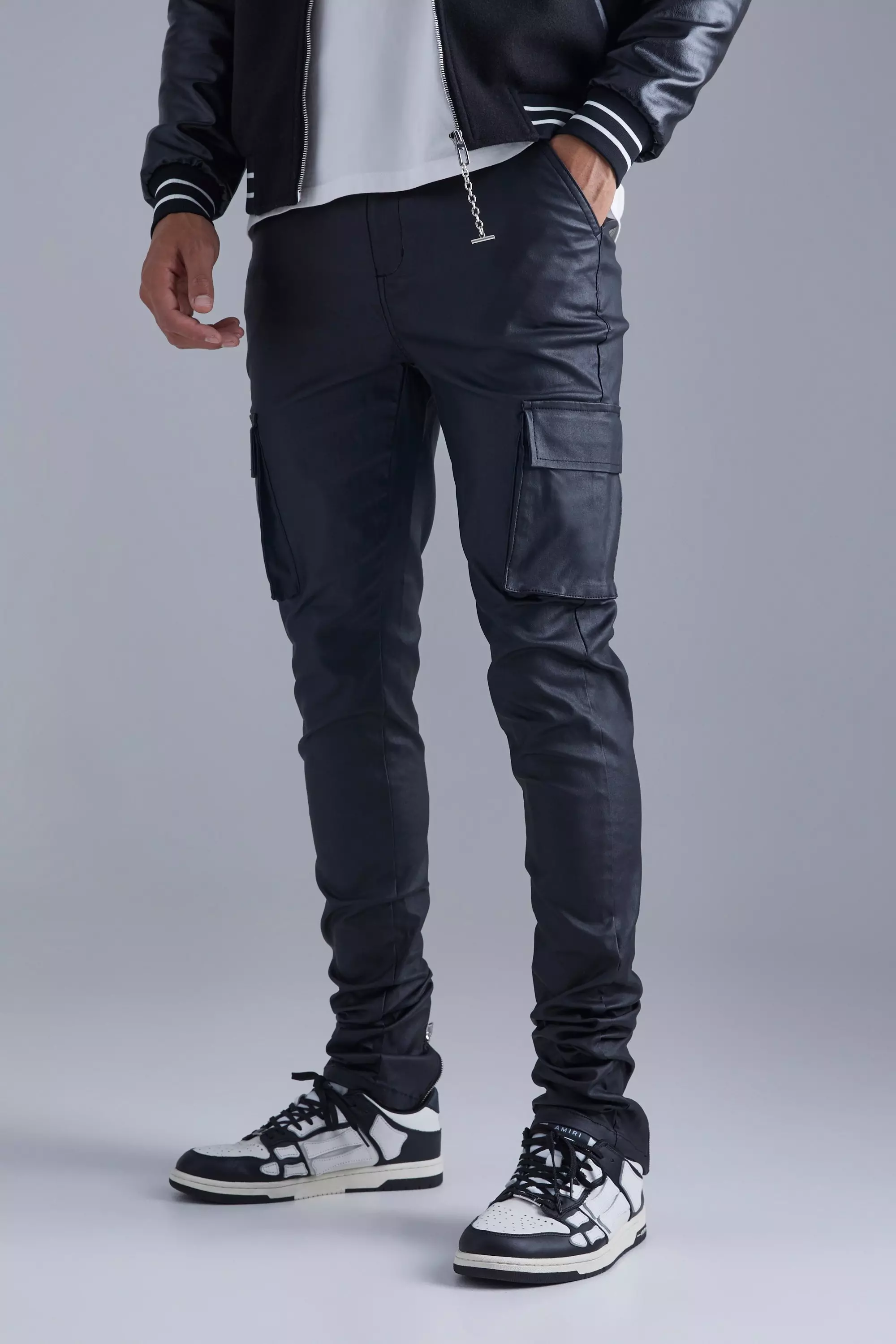 Tall Skinny Stacked Coated Twill Cargo Pants Black