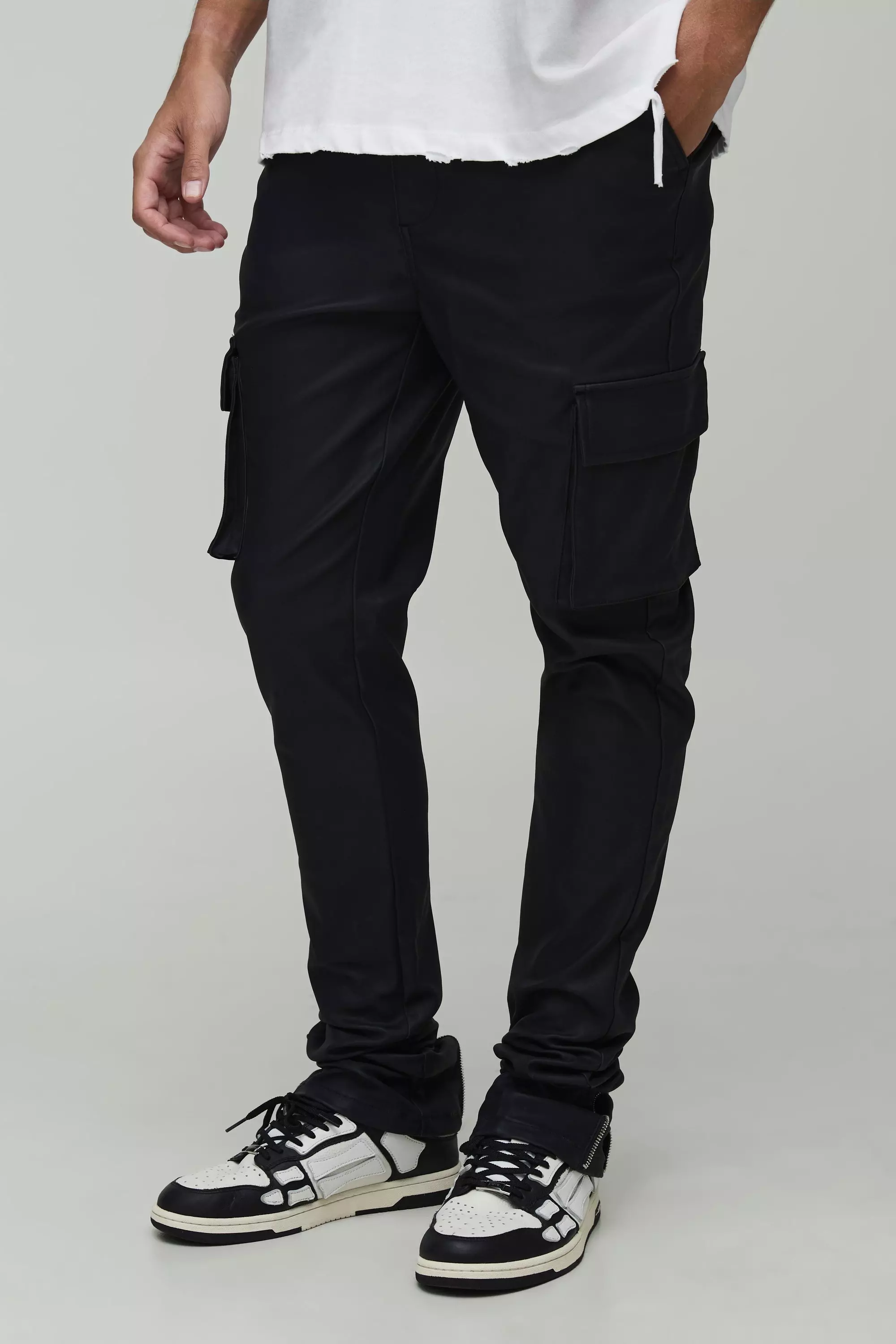Tall Skinny Stacked Coated Twill Cargo Pants | boohooMAN USA