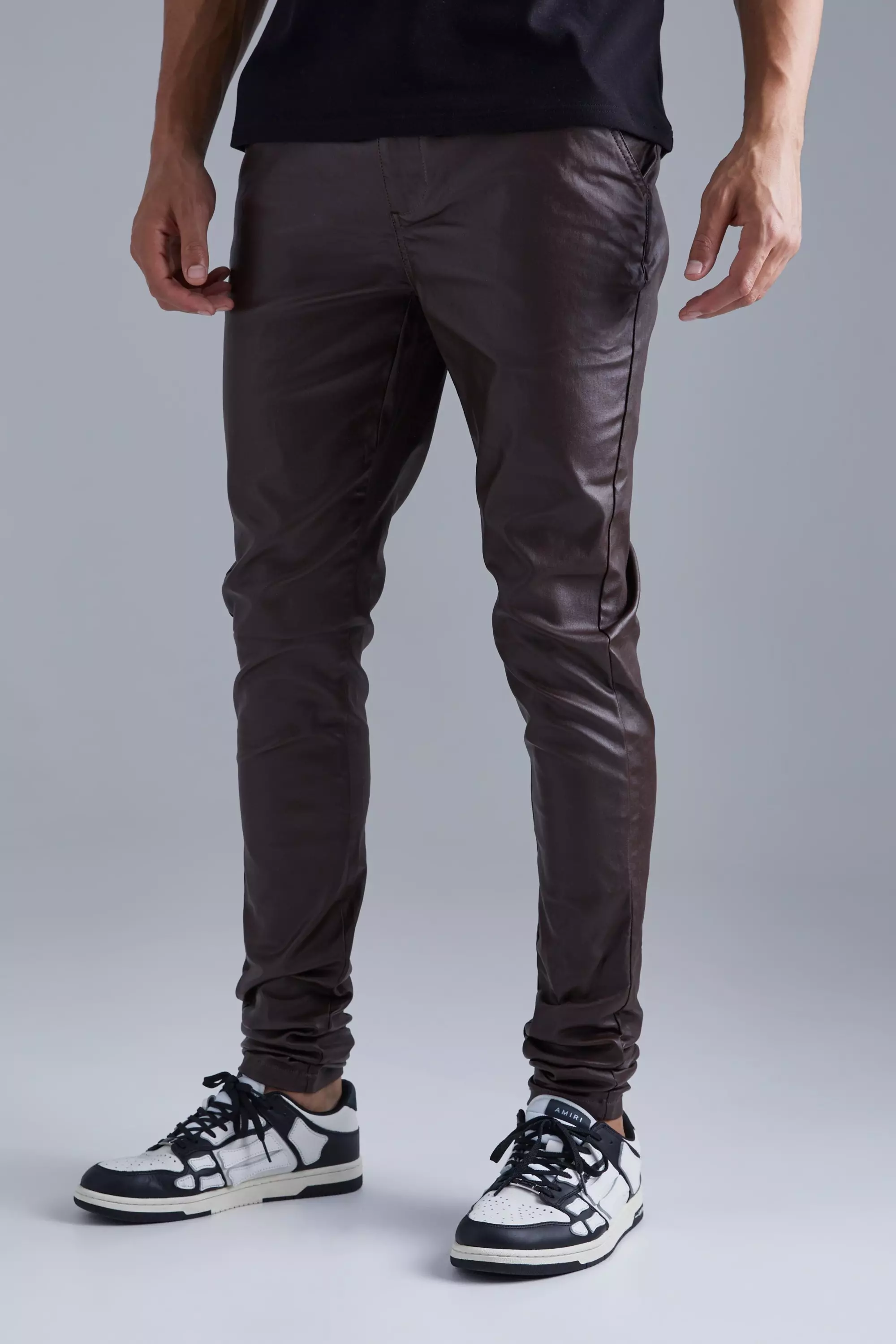 Chocolate Brown Tall Skinny Stacked Coated Twill Pants