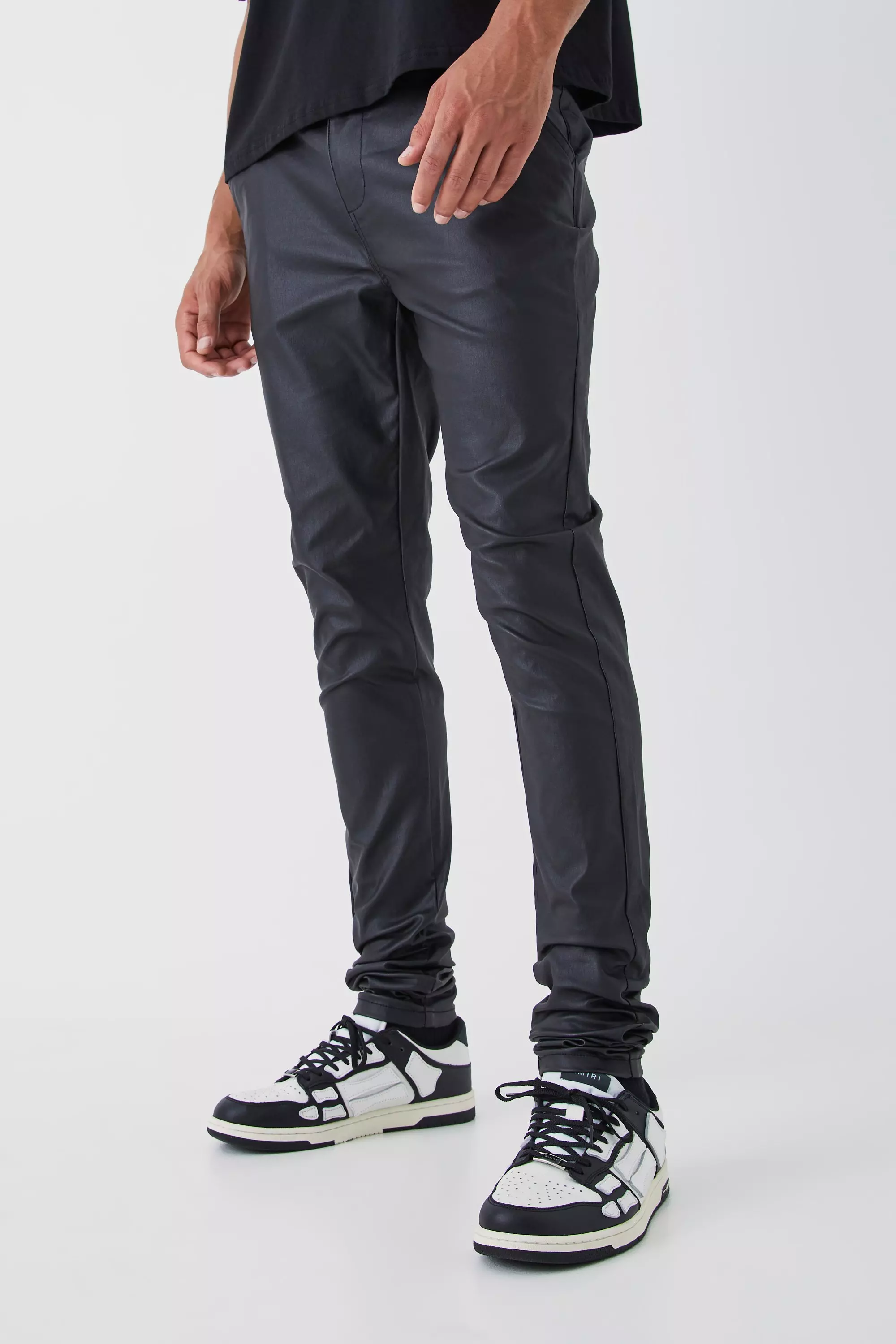 Black Tall Skinny Stacked Coated Twill Pants