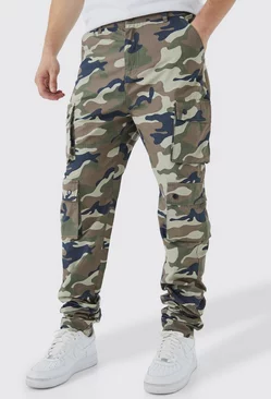 Khaki Tall Slim Stacked Multi Popper Cargo Camo Pants
