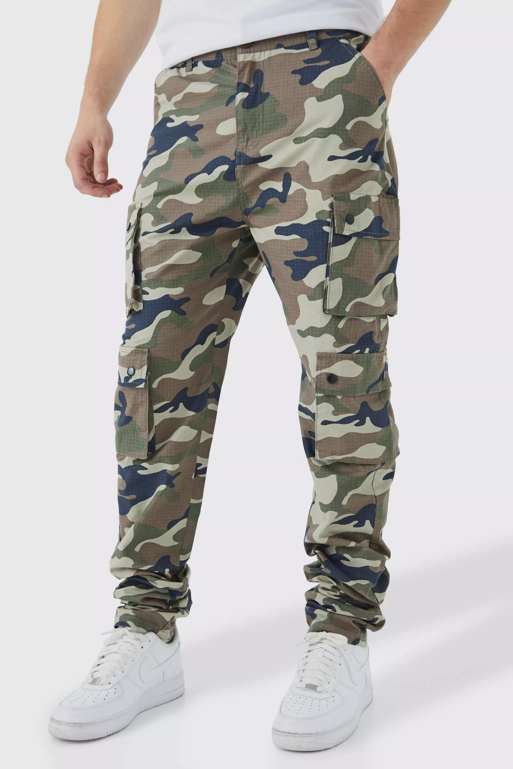 Khaki Tall Slim Stacked Multi Popper Cargo Camo Pants