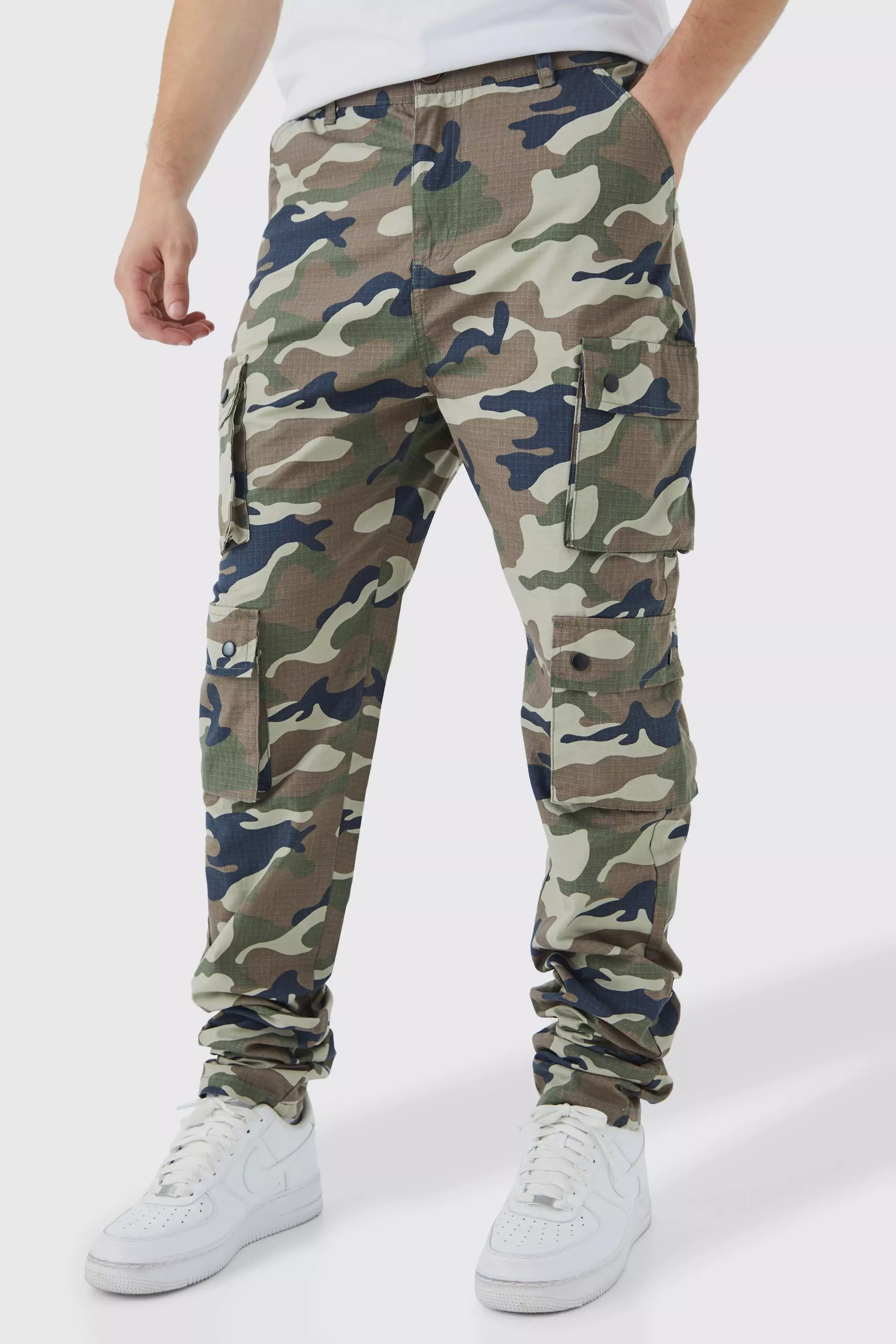 Tall Slim Stacked Multi Popper Cargo Camo Pants Khaki