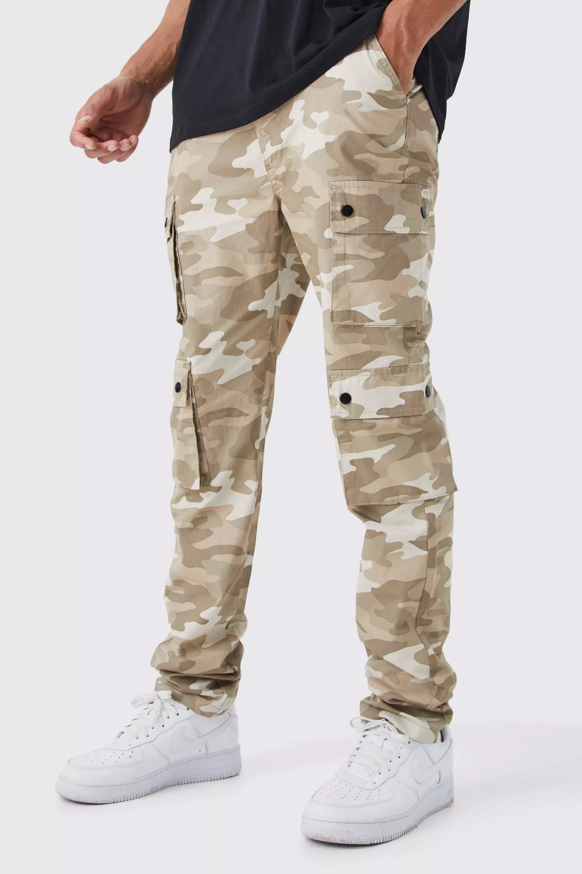 Sand Beige Tall Slim Fit Multi Popper Cargo Camo Pants