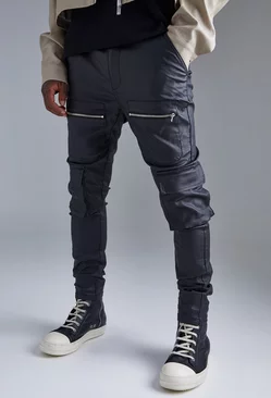 Skinny Multi Zip Cargo Coated Twill Pants Black
