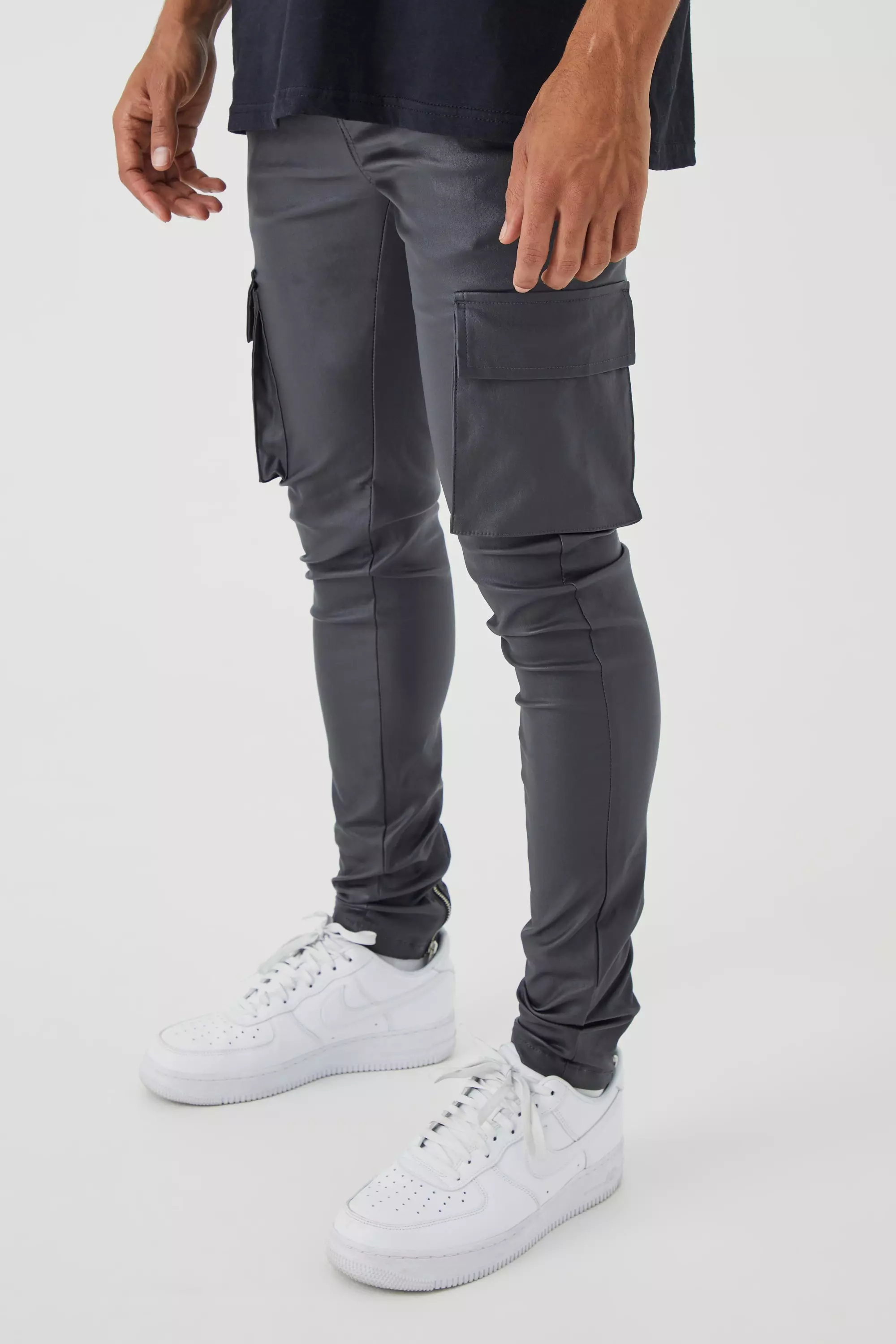 Charcoal Grey Skinny Stacked Coated Twill Cargo Pants