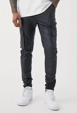 Skinny Stacked Coated Twill Cargo Pants Black