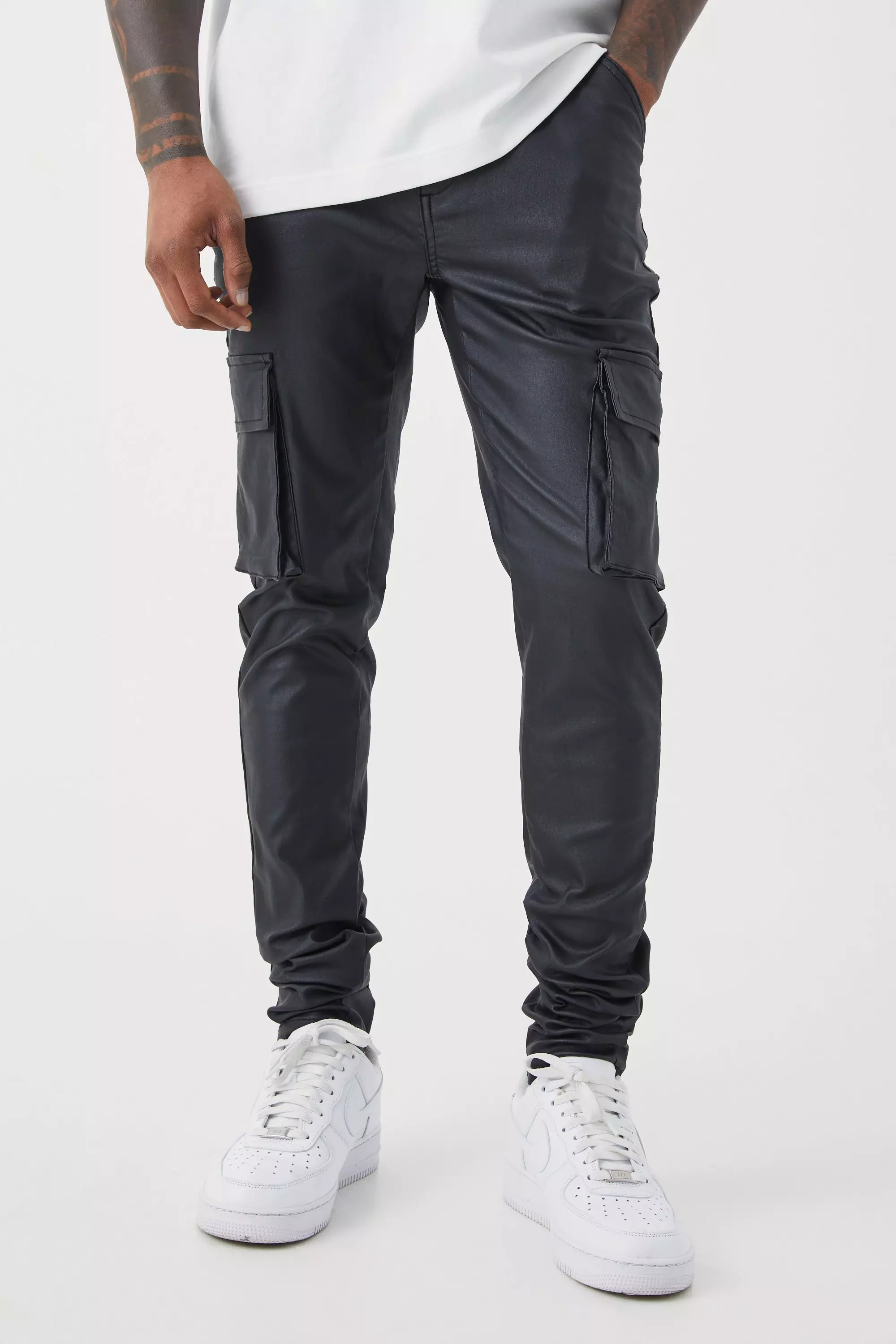 Skinny Stacked Coated Twill Cargo Pants Black