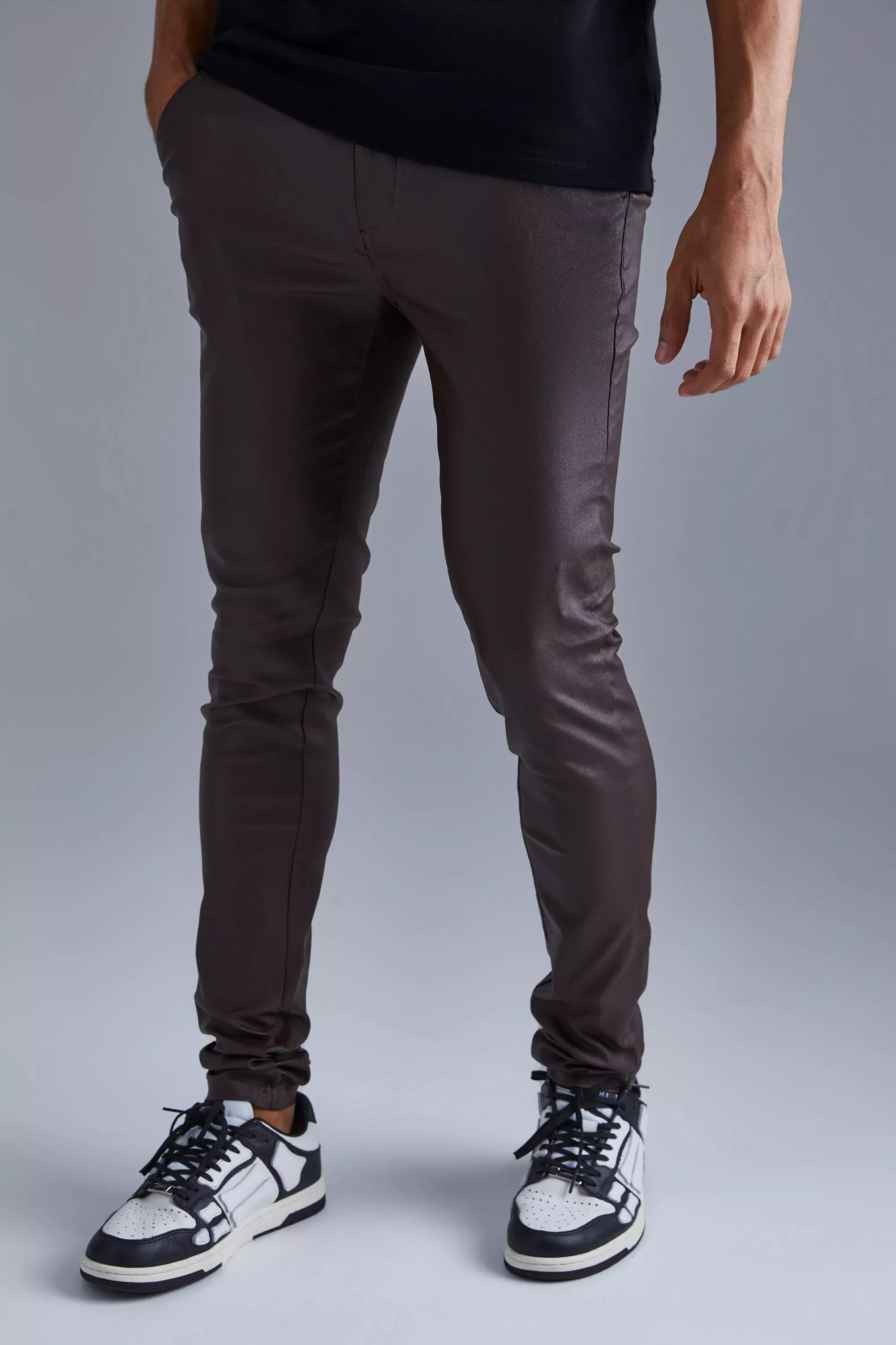 Chocolate Brown Skinny Stacked Coated Twill Pants
