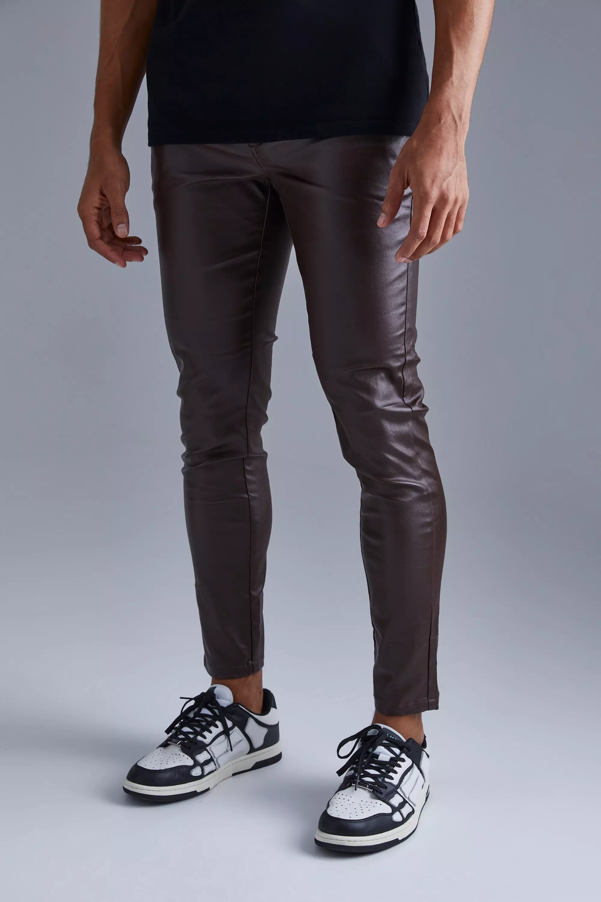 Chocolate Brown Skinny Fit Coated Twill Pants