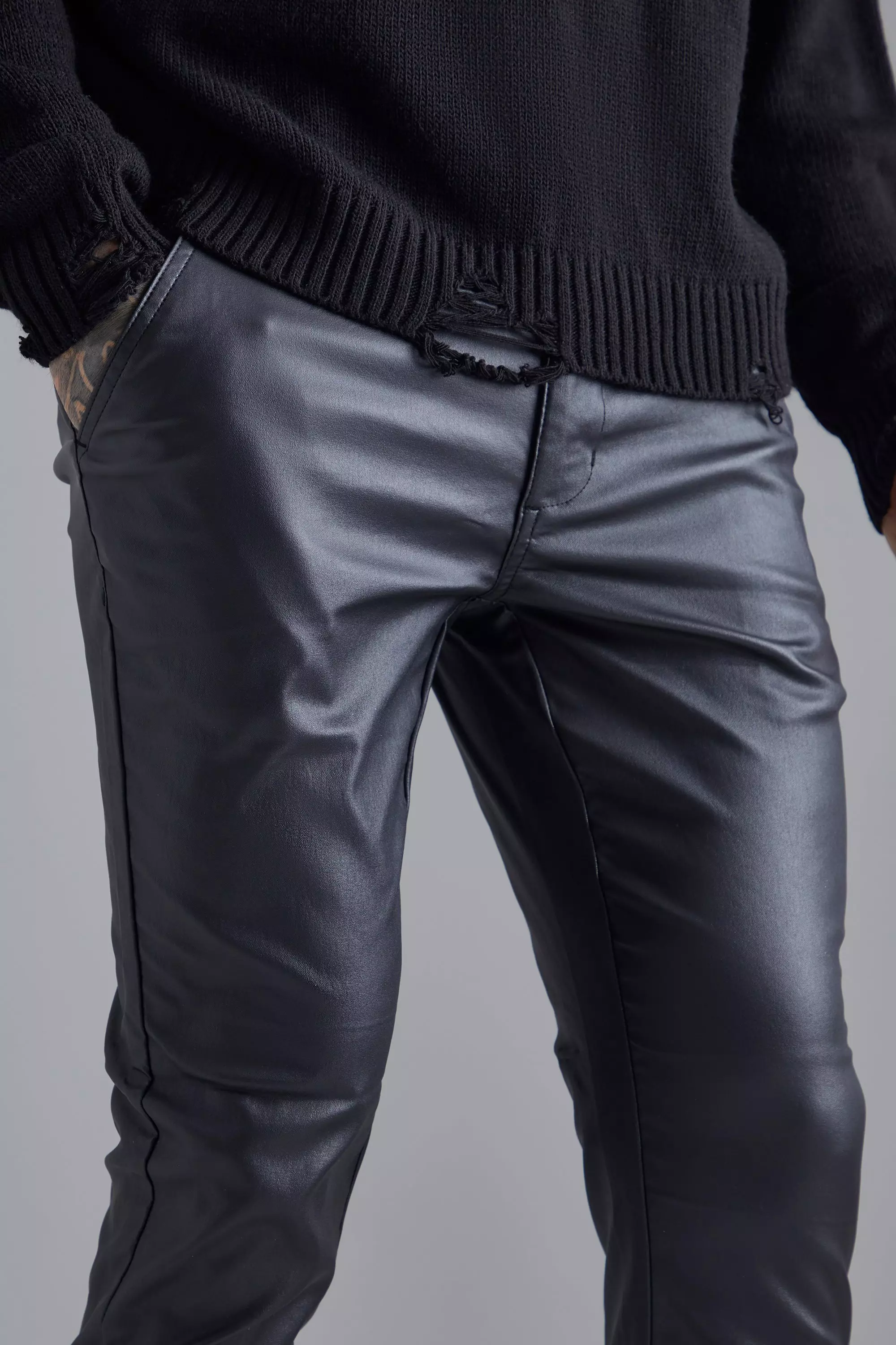 Skinny Fit Coated Twill Pants | boohooMAN USA