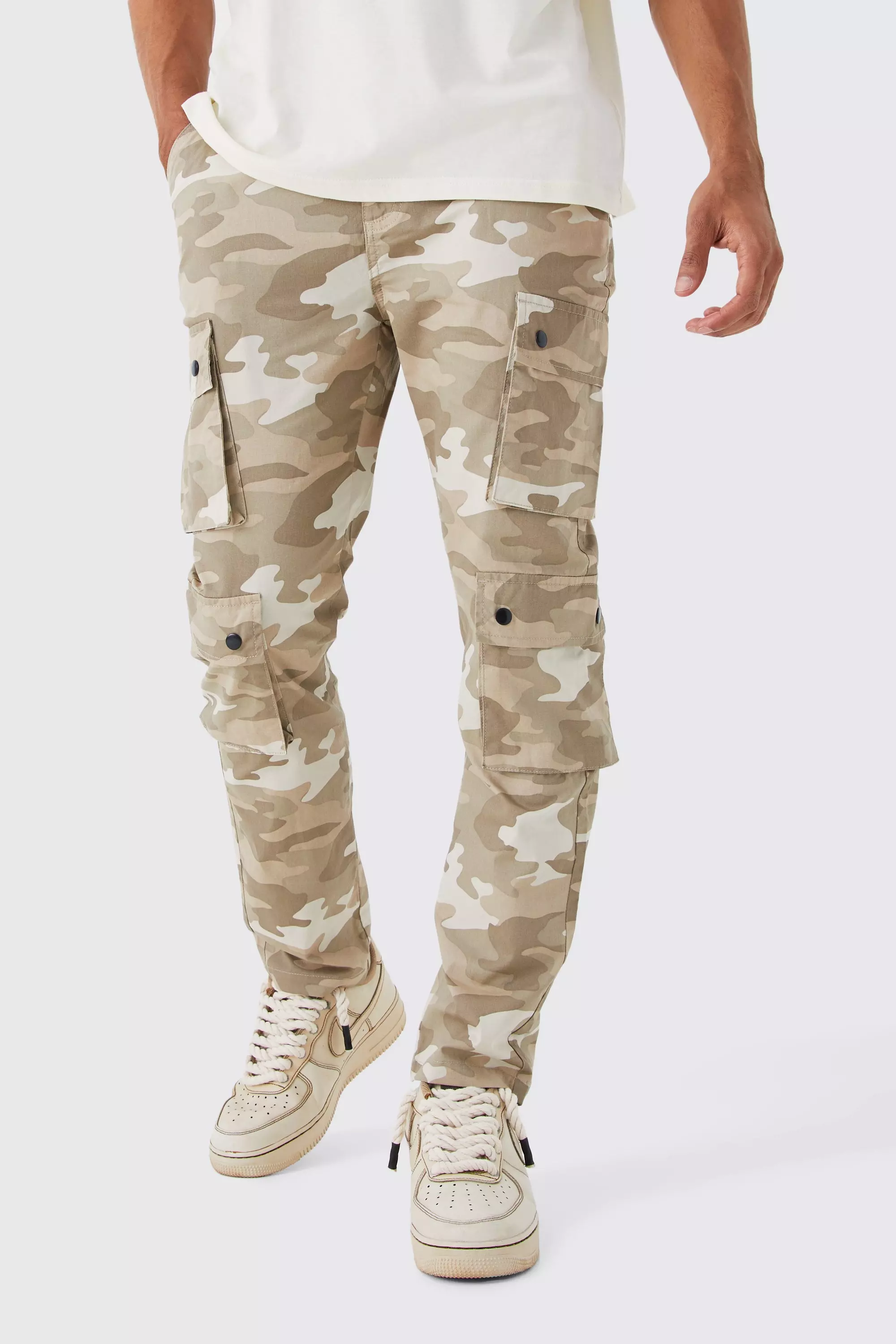 Slim Fit Multi Popper Cargo Camo Pants Sand