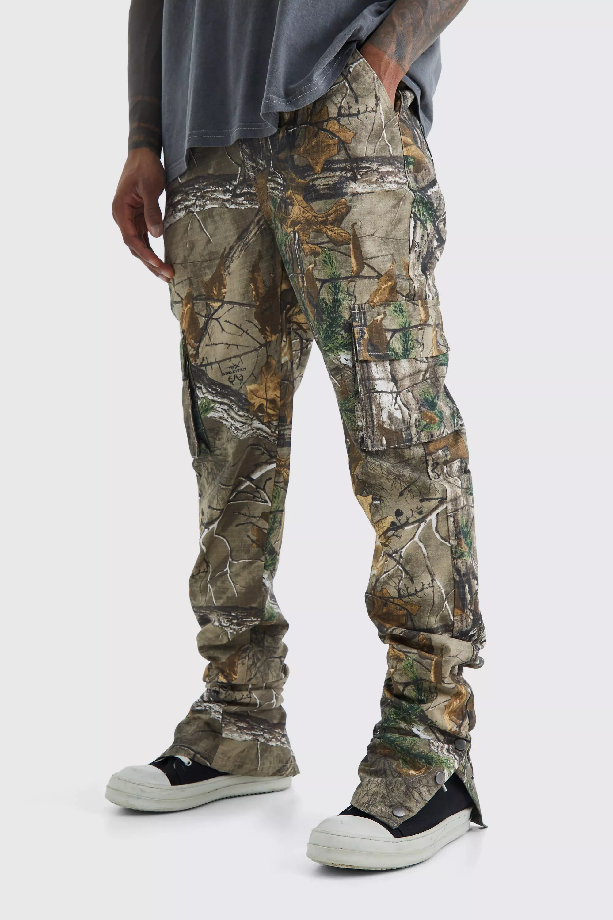 Slim Stacked Popper Hem Forrest Camo Cargo Pants | boohooMAN USA