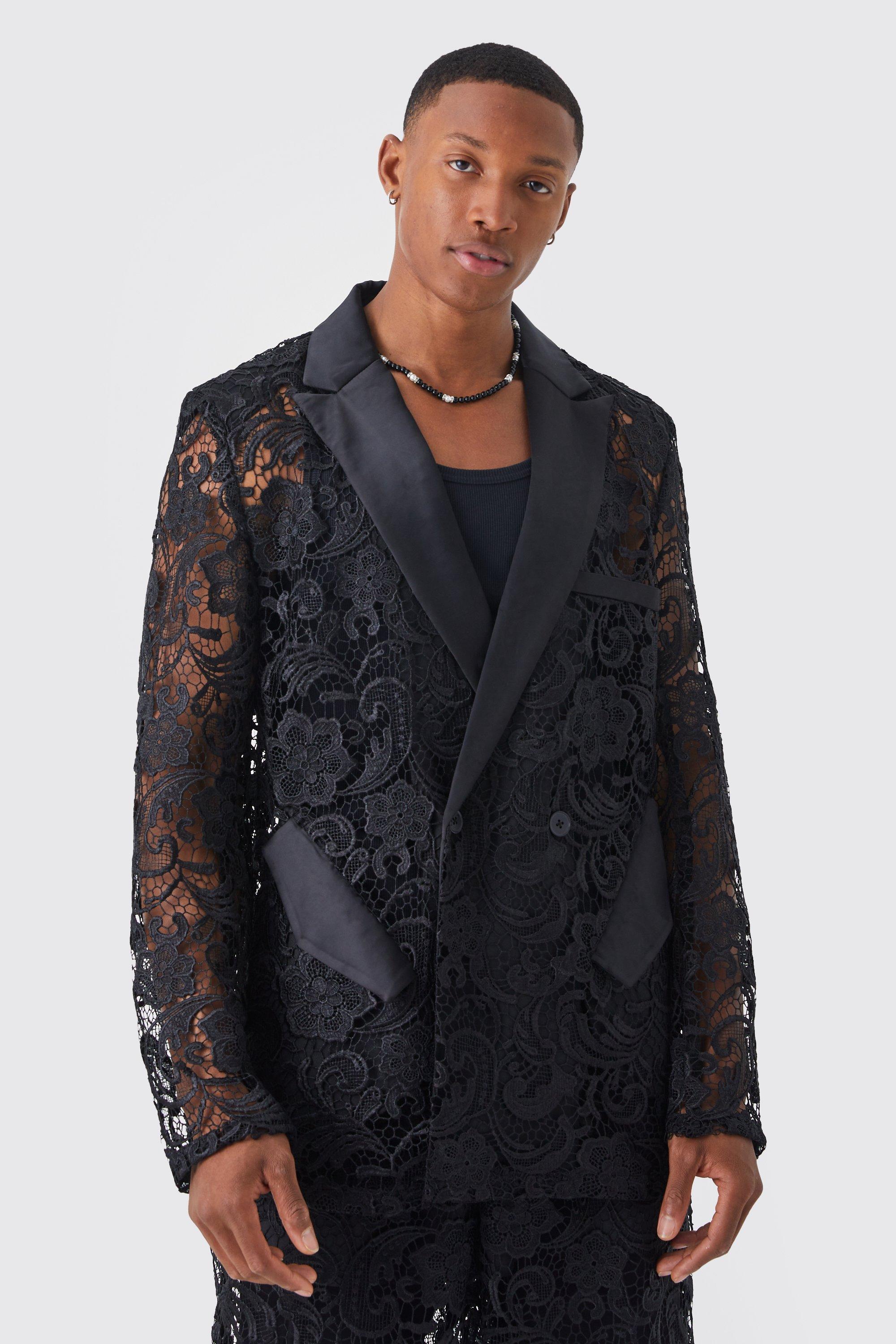 Blazer croisé large en dentelle, Black