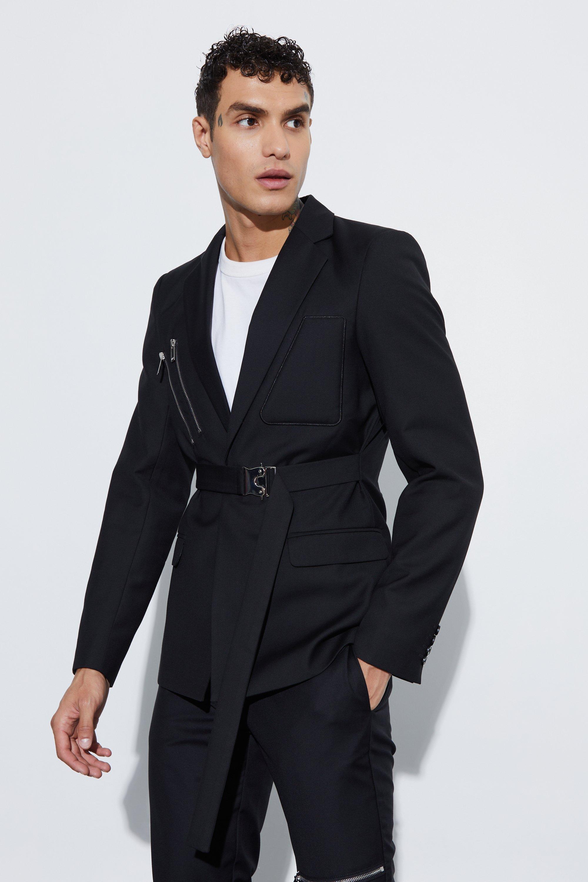 Einreihiger Skinny Blazer mit Wickel-Gürtel, Black