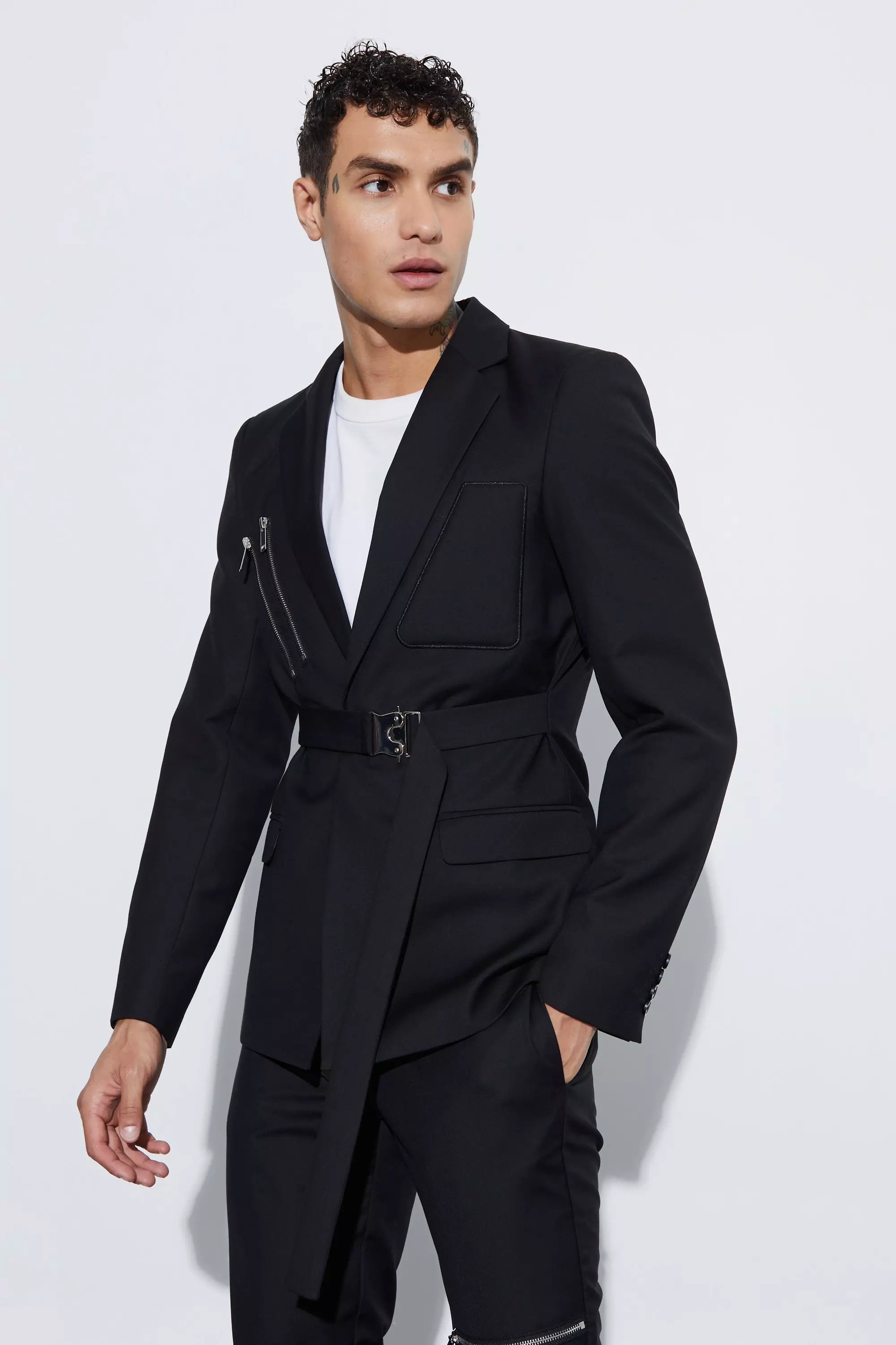 Skinny Fit Single Breasted Wrap Belt Blazer Black