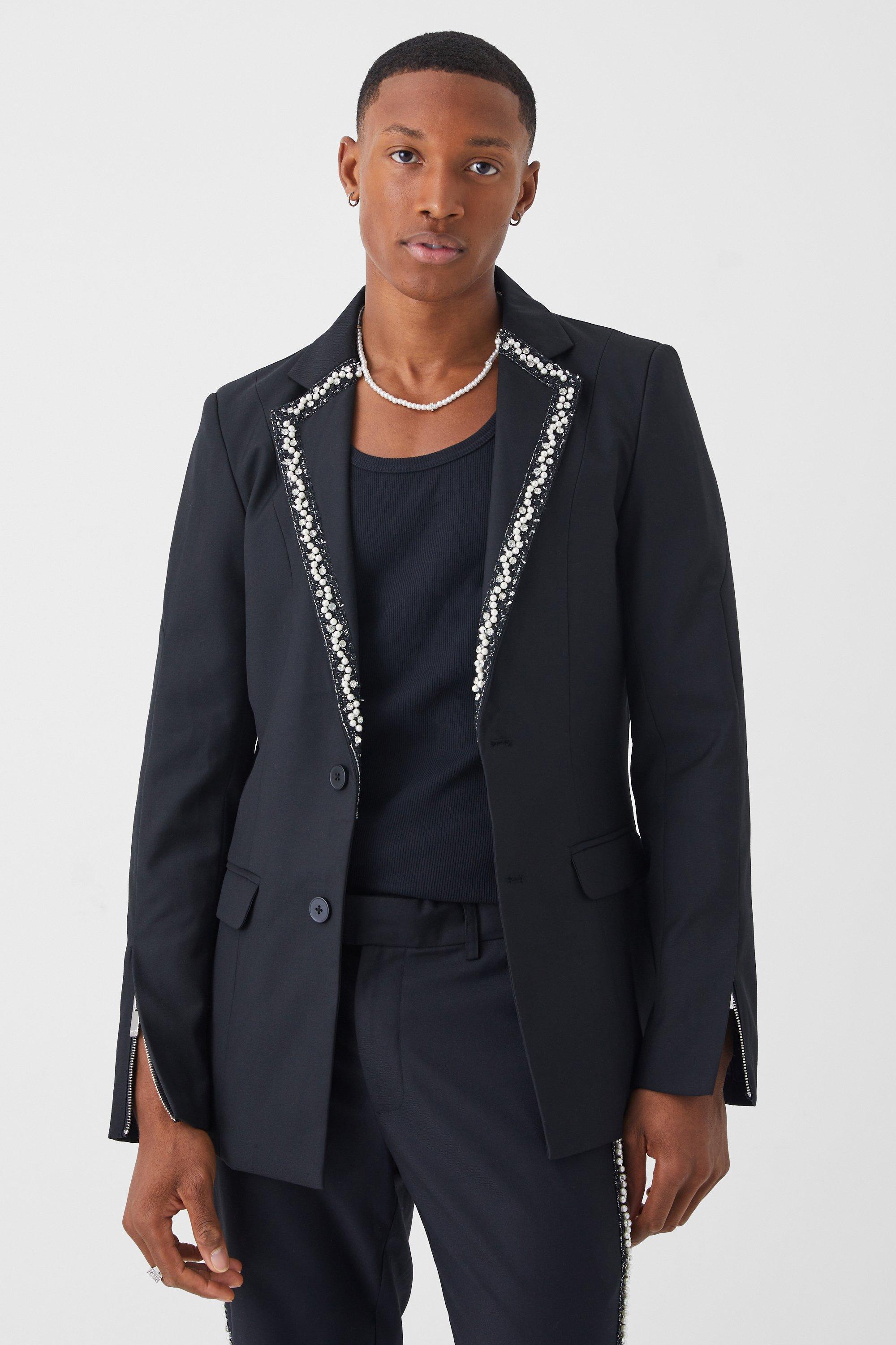 Blazer droit skinny à ornements, Black