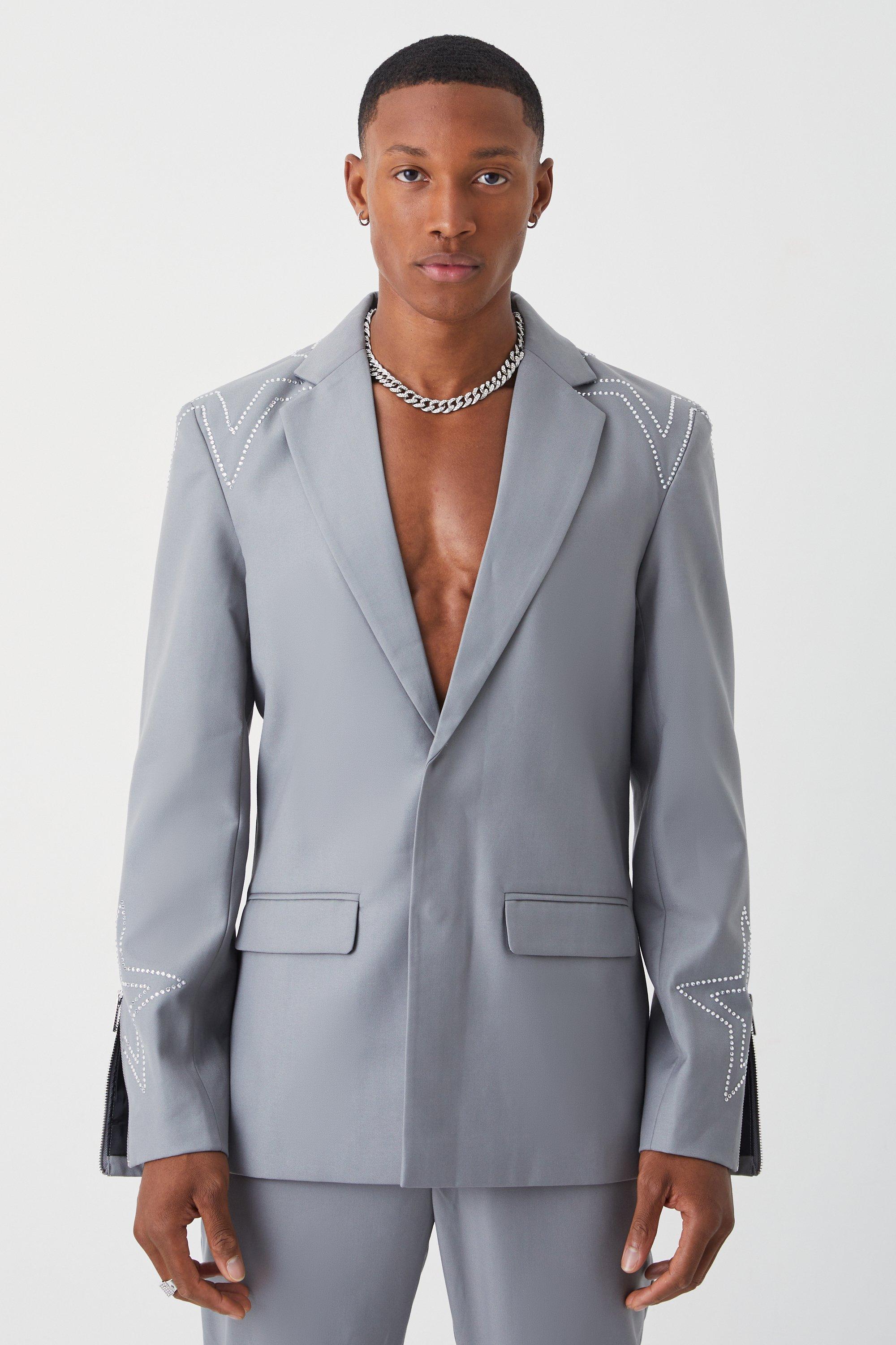 Slate Slim Fit Blazer With Rhinestone Embellishment