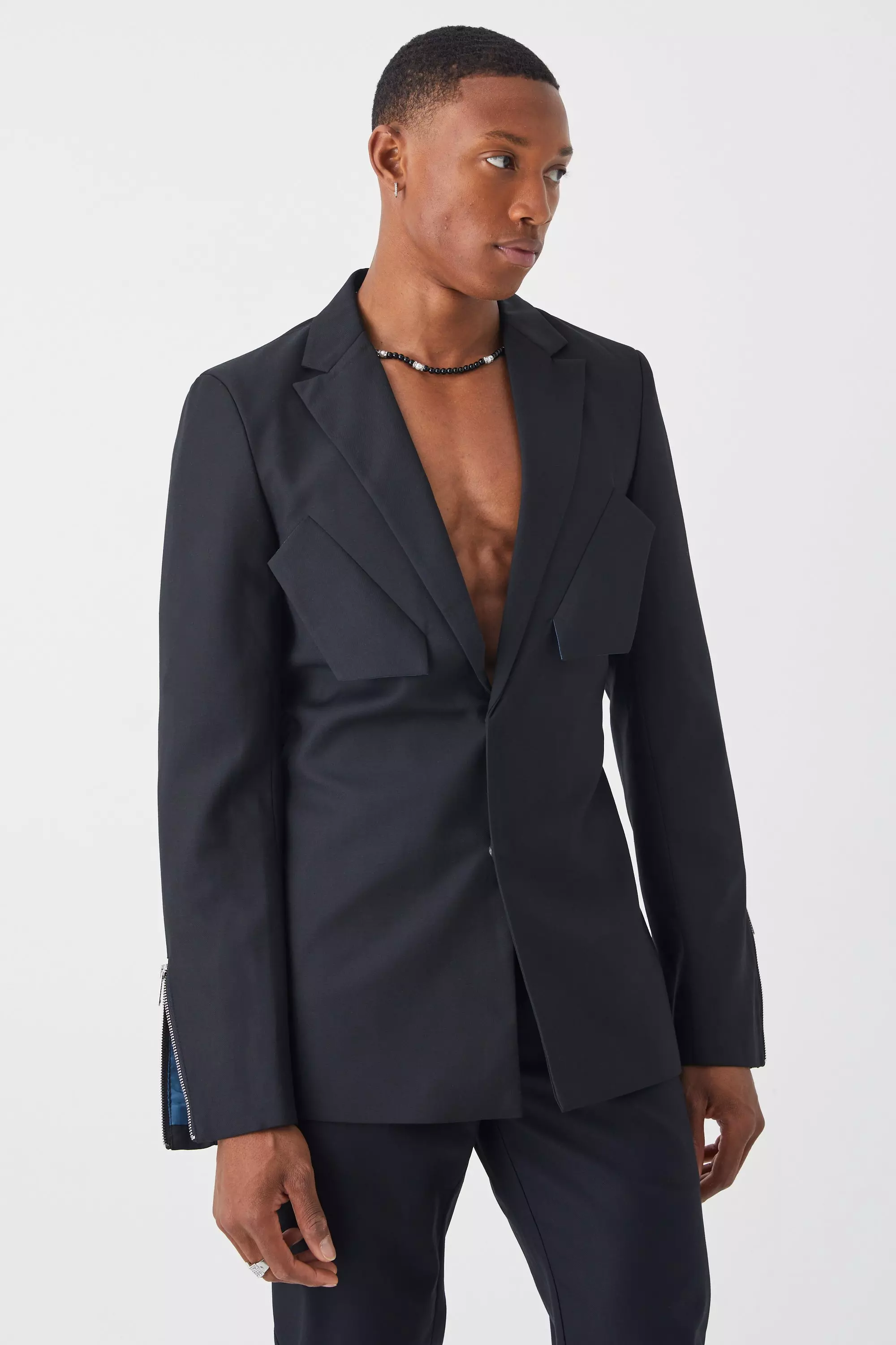 Skinny Fit Blazer With Zip Cuff Black