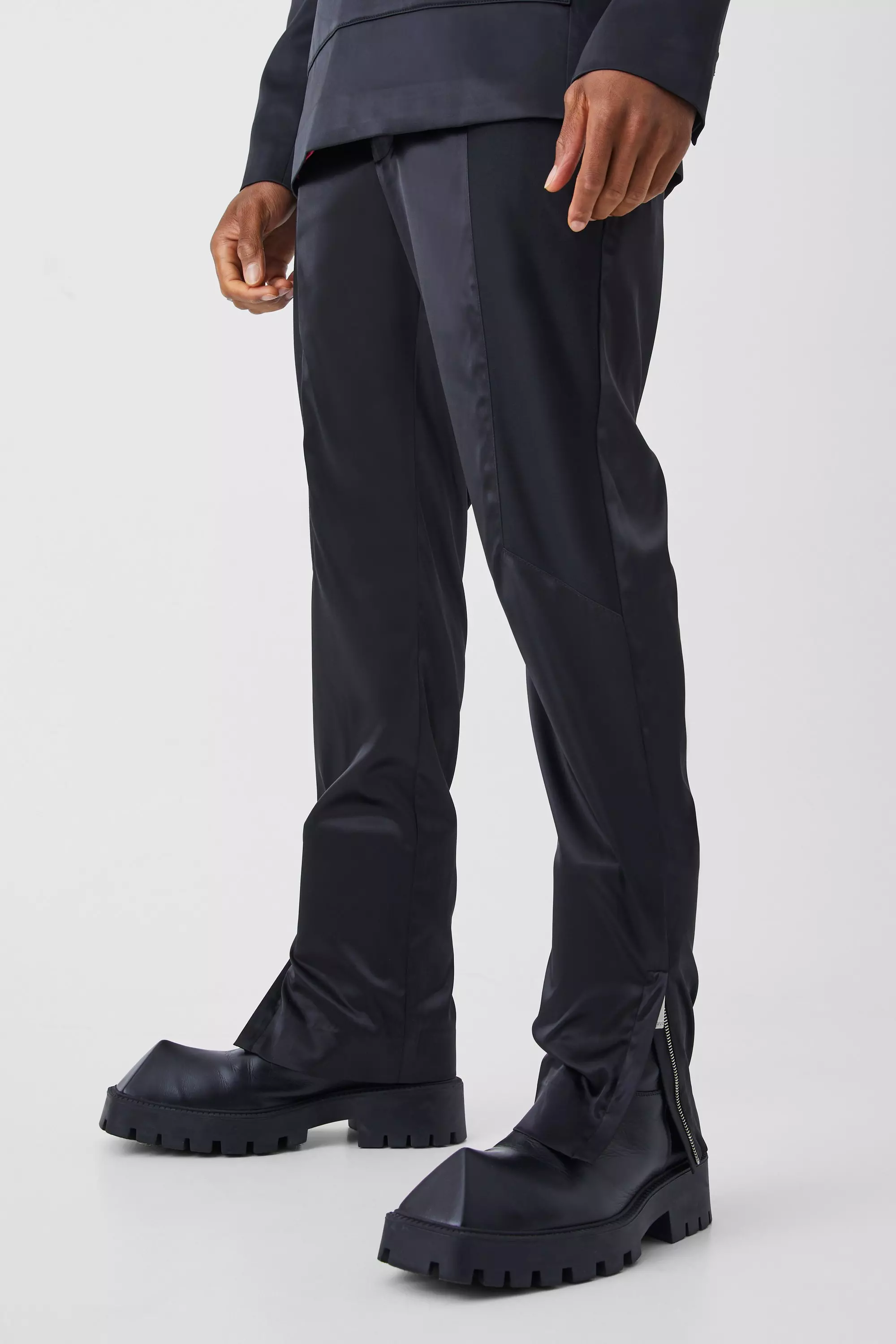 Slim Fit Panelled Satin Pants Black
