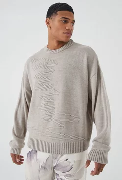 Oversized 3d Graphic Detail Knitted Sweater Stone