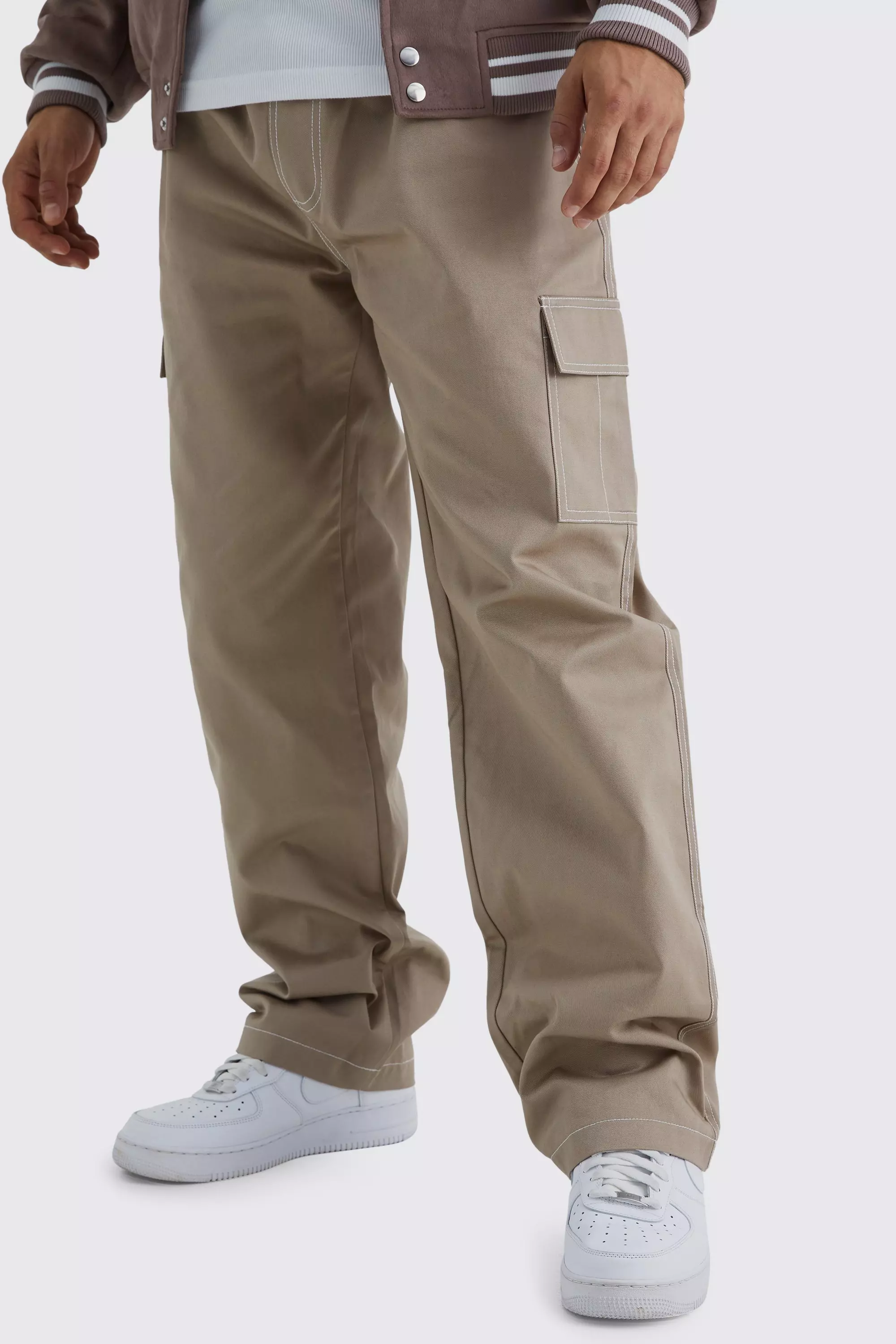 Taupe Beige Elasticated Waistband Twill Contrast Stitch Relaxed Cargo