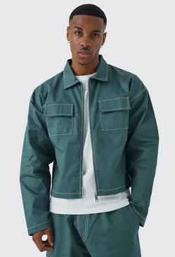 Longsleeve Twill Contrast Stitch Boxy Jacket Green