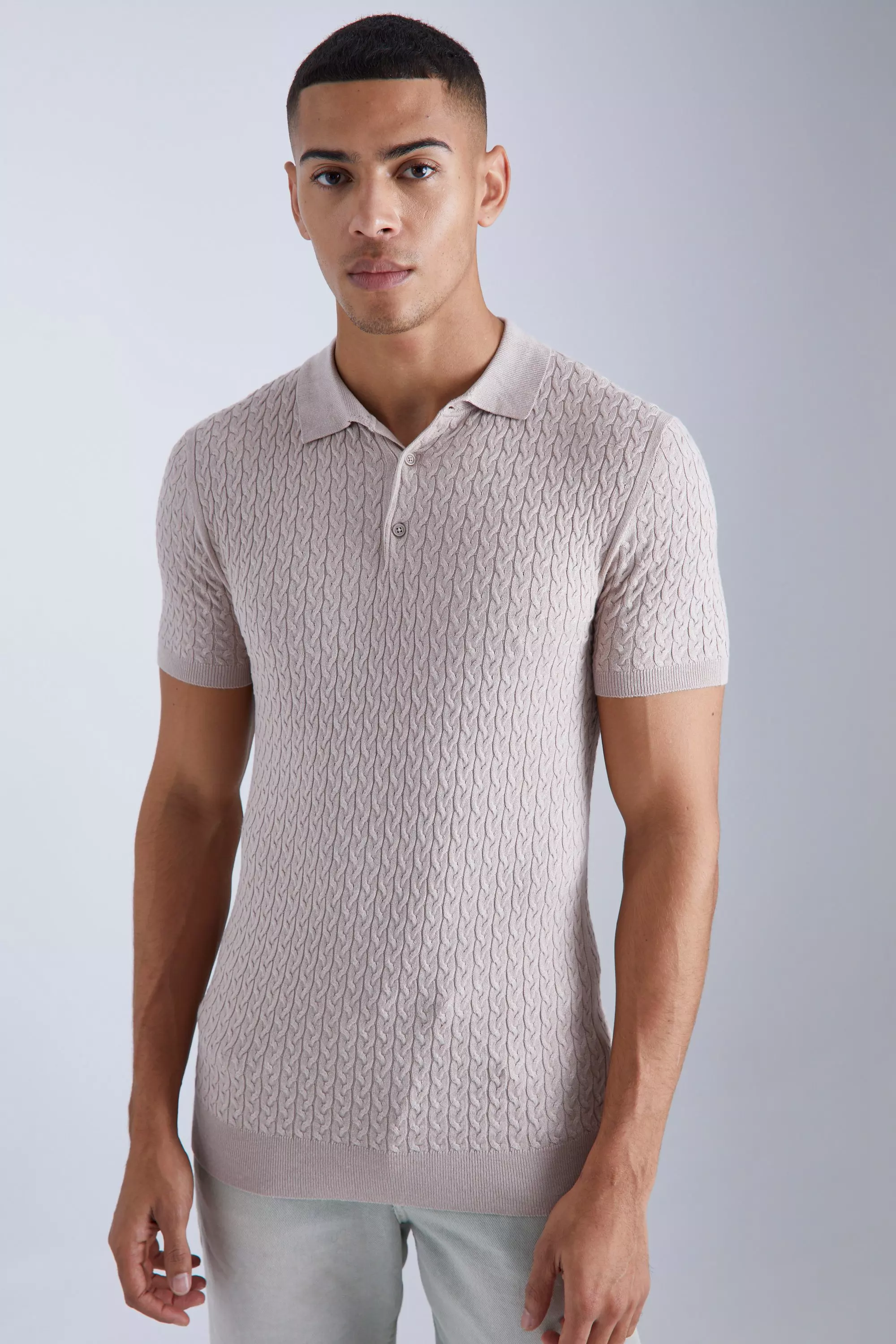Taupe Muscle Short Sleeve Cable Polo alternative image