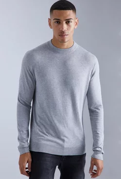 Grey Muscle Fit Ribbed Extended Neck Sweater
