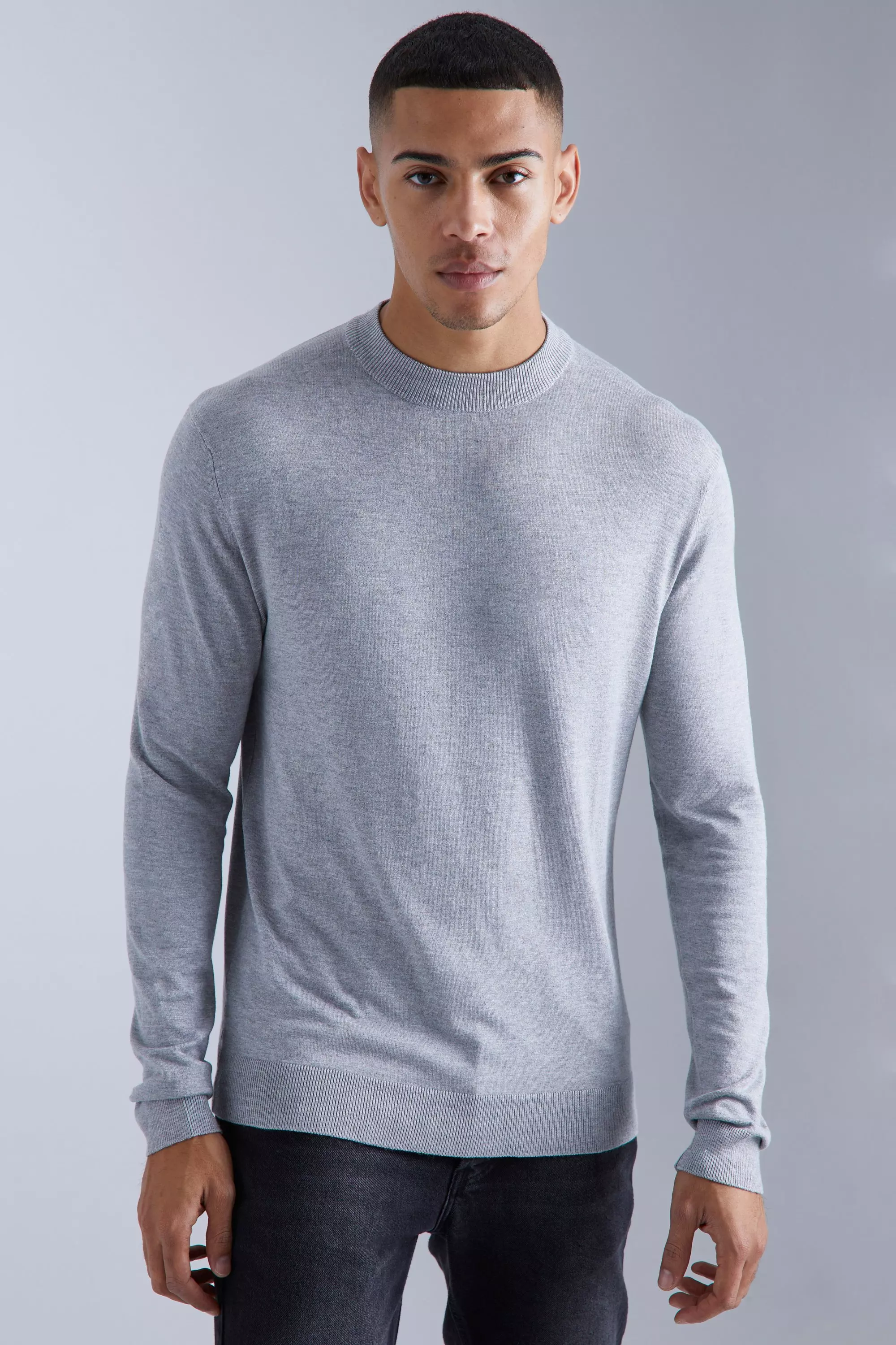 Muscle Fit Ribbed Extended Neck Sweater Grey marl