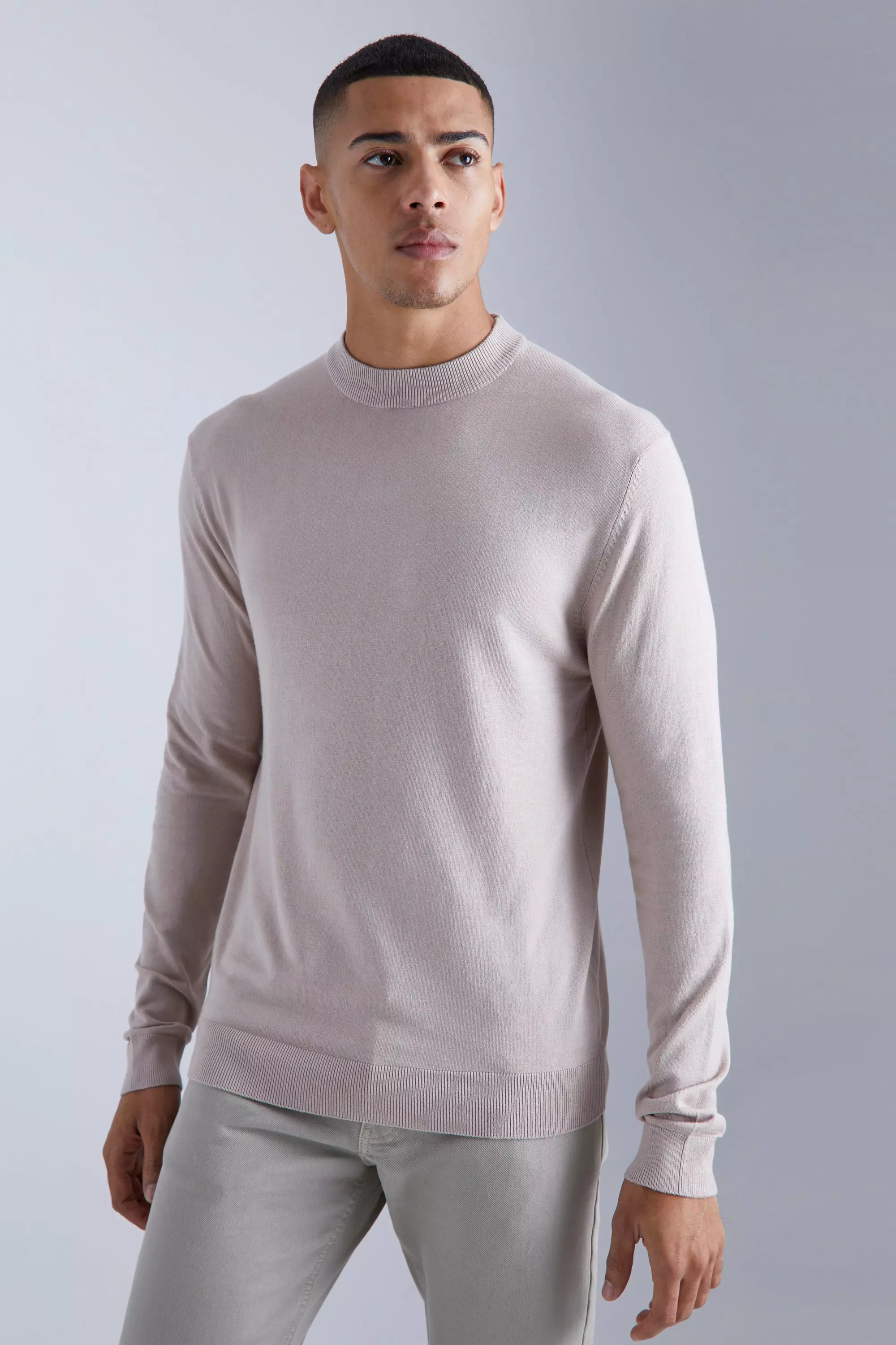 Muscle Fit Ribbed Extended Neck Sweater Taupe