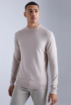 Muscle Fit Ribbed Extended Neck Sweater Taupe