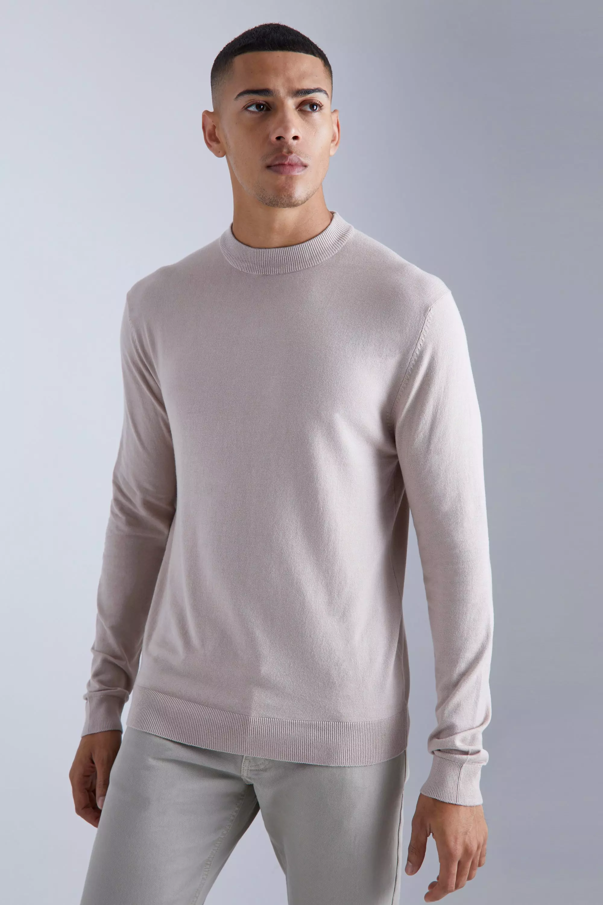 Taupe Beige Muscle Fit Ribbed Extended Neck Sweater