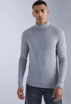 Grey Muscle Fit Ribbed Roll Neck Sweater