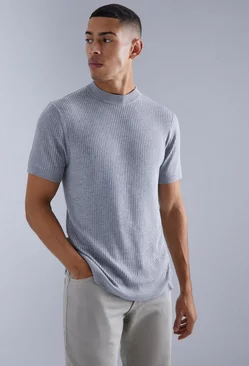 Ribbed Short Sleeve Extended Neck Knitted T-shirt Grey marl